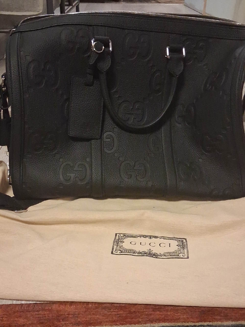 Gucci Black Embossed Leather Travel Duffle